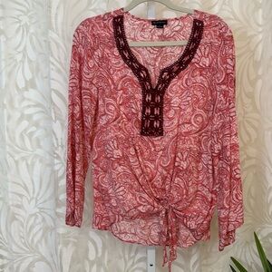 Coral Paisley Long Sleeve Boho Blouse With Lace V Neck